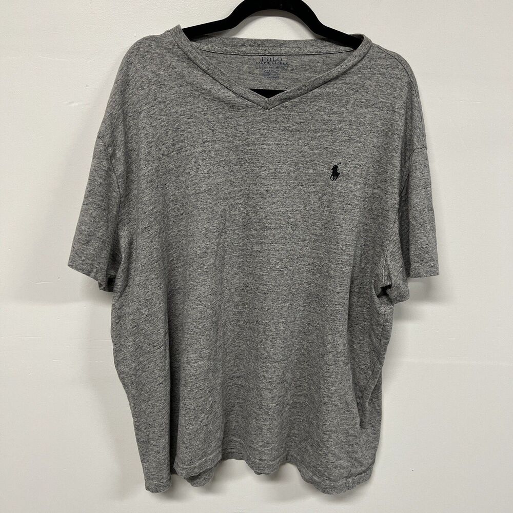 Polo Ralph Lauren V Neck T-Shirt Mens XL Gray Logo Tee Classic Preppy Cotton